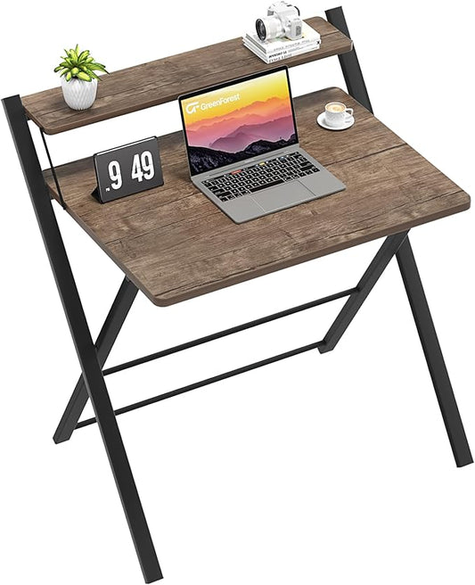 GreenForest Folding Desk No Assembly Required Small Size, 2-Tier Foldable Computer Desk with Shelf for Home Office, Space Saving Portable Laptop Study Foldable Table for Small Spaces, Brown