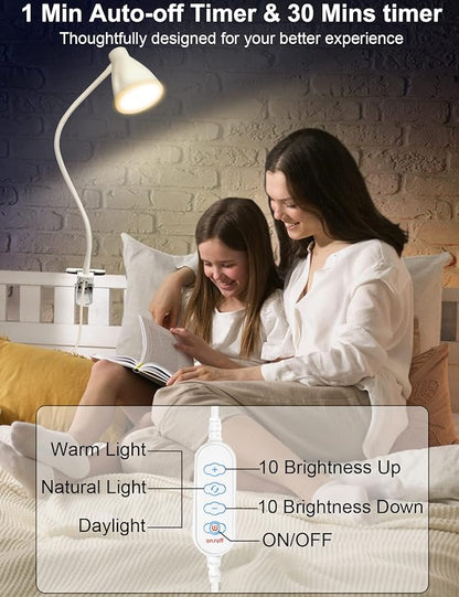 BOHON Clamp Lamp Reading Light 3 Color Modes 10 Brightness Dimmer Bedside Lamp 10W 38 LED Desk Lamp with Auto Off Timer 360° Flexible Gooseneck Clip on Light for Bed, USB Cord Include, White