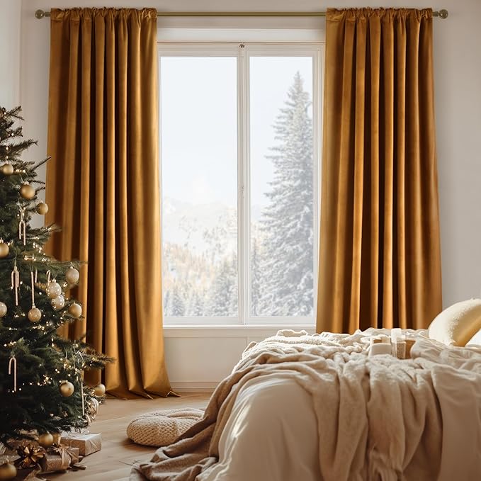 Topfinel Room Darkening Velvet Curtains 96 Inch Long, Soundproof Floor to Ceiling Gold Brown Black Out Winter Curtains for Living Room Bedroom, Elegant Boho Heavy Crushed Velvet Window Drapes 2 Panels