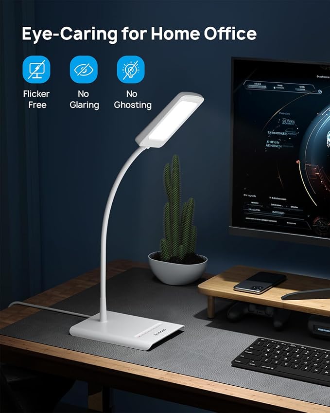 TROND Desk Lamp, Bright Dimmable Eye-Caring Table Lamp, 3 Color Modes 7 Brightness Levels, Flexible Gooseneck, Touch Control, Memory Function, Desk Light for Home Office Dorm Room Essentials