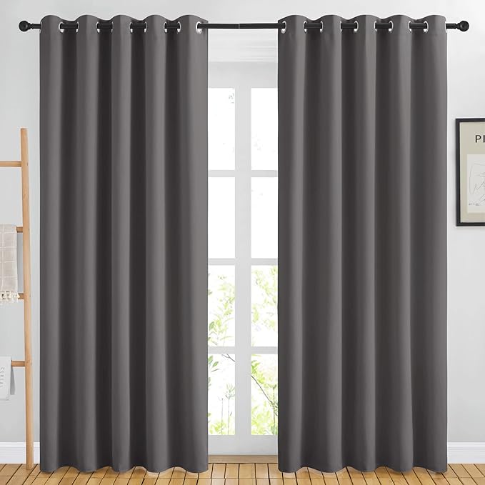 NICETOWN Blackout Curtains Panels for Bedroom - 3 Pass Microfiber Noise Reducing Thermal Insulated Solid Ring Top Blackout Window Drapes (2 Panels, 66 x 84 Inch, Gray)