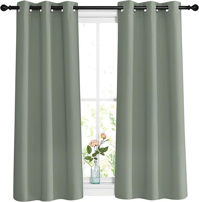 NICETOWN Short Blackout Sage Green Curtains & Drapes for Bedroom - Energy Saving Thermal Insulated Solid Grommet Room Darkening Small Window Treatments for Kitchen/Cafe (2 Panels, W37 x L48)