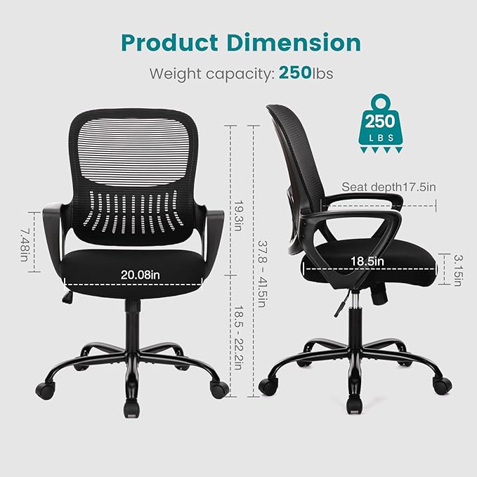 SMUG Office Chair, Mid Back Computer Ergonomic Mesh Desk with Larger Seat, Executive Height Adjustable Swivel Task with Lumbar Support and Armrests for Women Adults