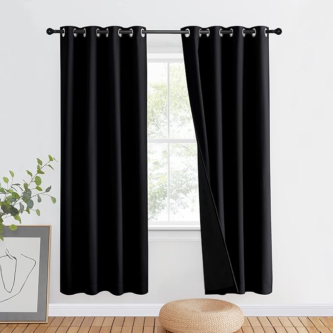 NICETOWN 100% Blackout Window Curtain Panel, Full Light Blocking Drape with Black Liner for Nursery, 72 inches Drop Thermal Bedroom Drape and Curtain (Black, 1 Piece, 46 inches Wide Per Panel)