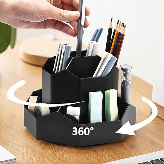 Pencil Pen Holder for Desk, 9 Slots 360 Degree Rotating Desk Organizer, Cute Pen Organizers Stationery Supplies for Office Home & Art Supply (Black)