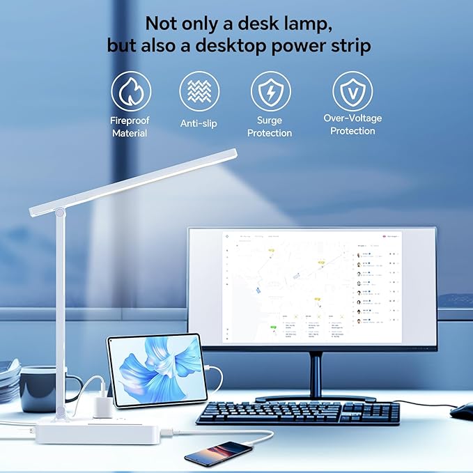 LAOPAO Desk Lamp with USB Charging Port: Power Strip with Surge Protection - 1 Type-C, 1 USB-A Charging Port, 2 AC Power Outlets, Desk Lamps for Home Office College Dorm Room Essentials