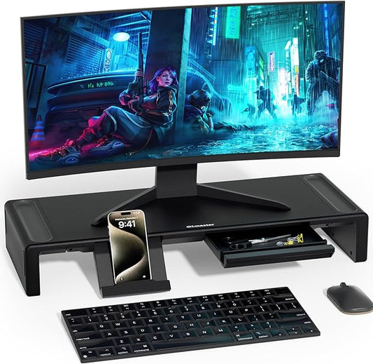 OImaster Monitor Stand Riser, Foldable Computer Monitor Riser, Adjustable Length Computer Stand and Storage Drawer & Pen Slot, Phone Stand Compatible Computer, Desktop, Laptop, Save Space (Black)