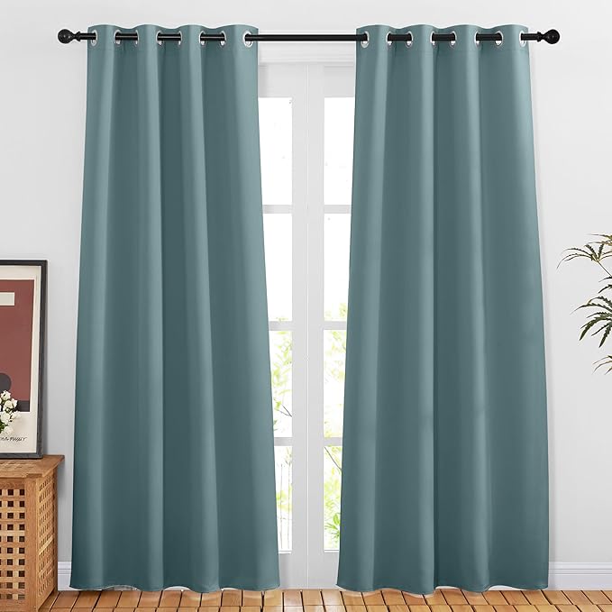 NICETOWN Greyish Blue Room Darkening Curtains 80 inch Length - Chic Grommet Thermal Insulated Blackout Window Treatments Sound Proof Drapes for Bedroom/Living Room (2 Panels, W46 x L80)