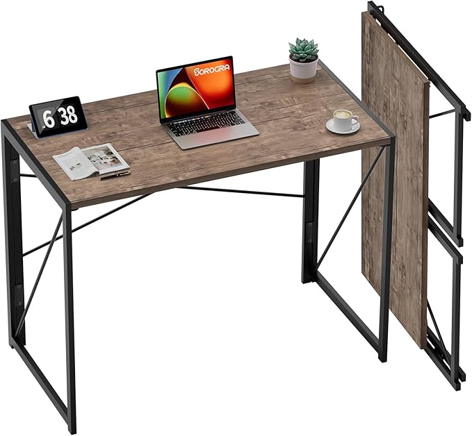 Coavas Small Folding Desk, No Assembly Required Computer Desks, 31.5 inch Spaces Saving Foldable Table for Bedroom, Home Office, Dorm, Apartment, Brown