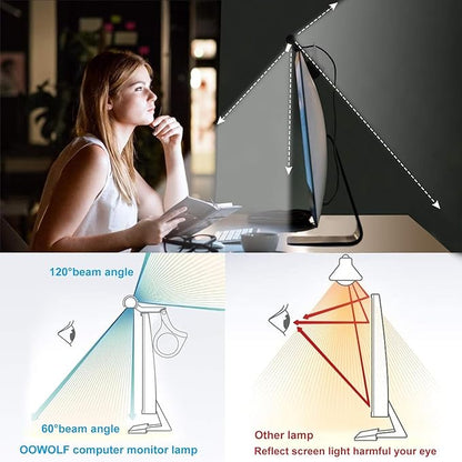 OOWOLF Monitor Light Bar with Backlight CRI≥95, Screen Light Bar, Desk Lamp for Eye-Caring,Dual Light,Filter Blue-Light,3-Color Mode,Memory Dimming,e-Reading Task Lamp,Computer Light for Home Office