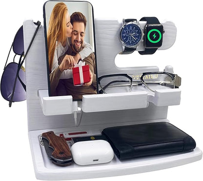 Gifts for Women Girlfriend Him Men Dad Husband Boyfriend Nightstand Organizer Wood Phone Docking Station Gift Ideas for Mother's Day,Father's Day, Christmas, and Valentine's Day(White)