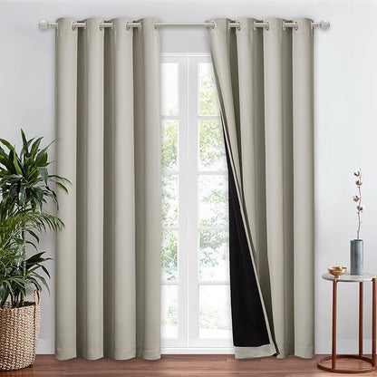 NICETOWN Natural 100% Blackout Window Curtain Panel, Cold and Full Light Blocking Drape with Black Liner for Nursery, 84 inches Drop Thermal Insulated Draperies (1 Piece, 52 inches Wide Each Panel)