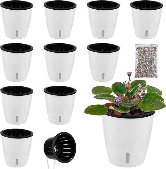 10 Packs 5 Inch White Self Watering Pots for Indoor Plants with Water Indicator and Black Wick Pots, Large African Violet Pots, Self Watering Planters for Devil's Ivy, Indoor Plant Pots for Orchid