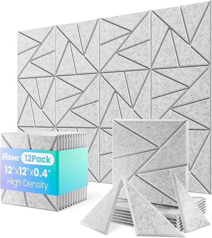 12 Pack Sound Proof Panels for Walls, 12" X 12" X 0.4" High Density Acoustic Panels, Triangle Design Sound Proof Foam Panels, Dynamic Soundproof Wall Panels for Gaming Home Studio Office-Grey