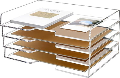 SANRUI 4 Tier Acrylic Paper Letter Tray Desk Stackable Organizer Trays，Clear Enlarged A4 Stackable File Document Tray， Workspace Office Supplies Organizers and Accessories Sorter，13.82inx9.29inx6.7in