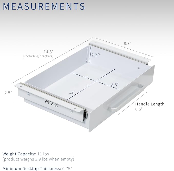 VIVO 13 inch Under Desk Mounted Sliding Pull-out Drawer for Office Desk, Pull Handle, Storage Organizer for Sit Stand Workstation, White, DESK-DR1H-W