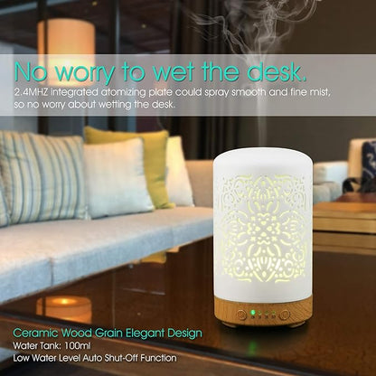 Earnest Living Essential Oil Diffuser White Ceramic Diffuser 100 ml Timers Night Lights and Auto Off Function Home Office Humidifier Ultrasonic Aromatherapy Diffusers for Essential Oils