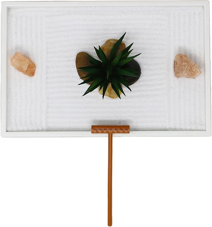 Nature's Mark Mini Zen Garden Kit for Desk with White Sand, Rake, White Base, Salt Rock and Air Plant (Rectangle)