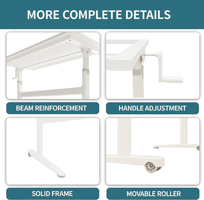 Manual Standing Desk Adjustable Height- Crank Mobile Standing Desk 48 x 24 Inches Sit Stand Desk Frame & Top, Stand Up Desk on Wheels, Computer Desk White Frame & White