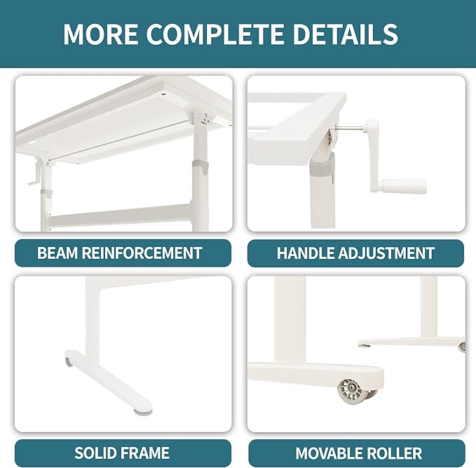 Manual Standing Desk Adjustable Height- Crank Mobile Standing Desk 55 x 24 Inches Sit Stand Desk Frame & Top, Stand Up Desk on Wheels, Computer Desk White Frame & White