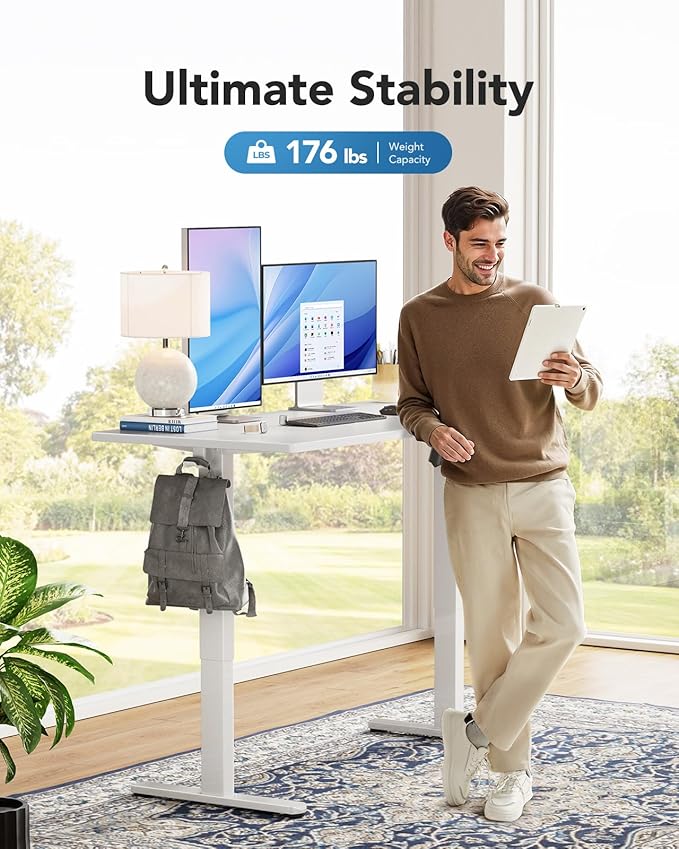 HUANUO Electric Standing Desk, 60" x 24" Whole Piece Desktop, Adjustable Height Computer Desk, 4 Height Memory Settings, Sit Stand Up Desk for Home Office, White