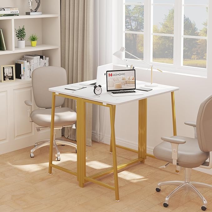 WOHOMO White Marble Folding Desk, 31.5" Small Desk for Small Spaces with Gold Legs, Easy Assemble Foldable Computer Desk, Mini Portable Working Table for Home Office, White and Gold