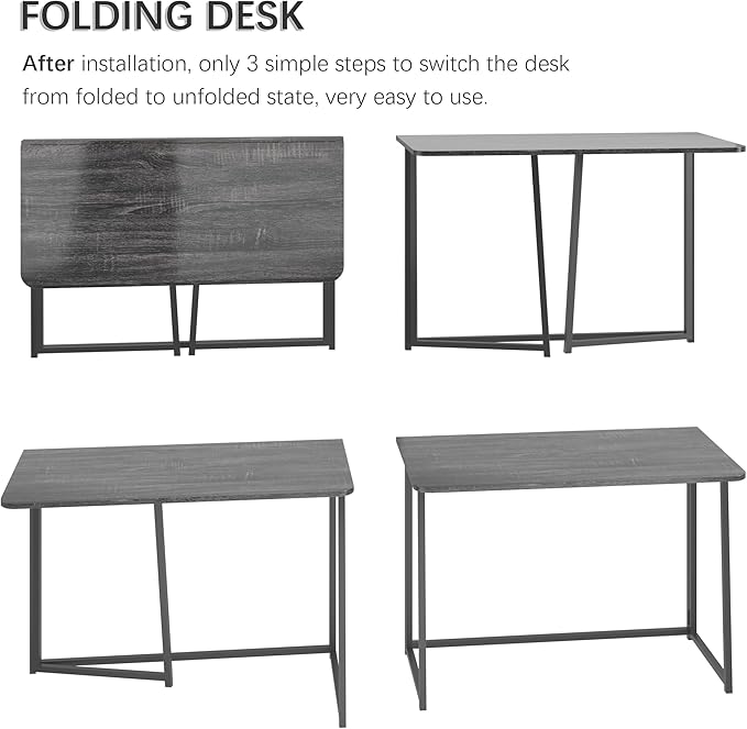 4NM 39.4" Small Folding Desk, Simple Assembly Computer Desk Home Office Desk Study Writing Table for Small Space Offices - Gray and Black