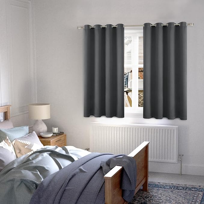 Dark Grey Blackout Curtains for Bedroom 54 Inch Length 2 Panels, 100% Light Blocking Thermal Insulated Soundproof Grommet Curtains with Thick Liner for Narrow Window, Each 52 Inch Wide