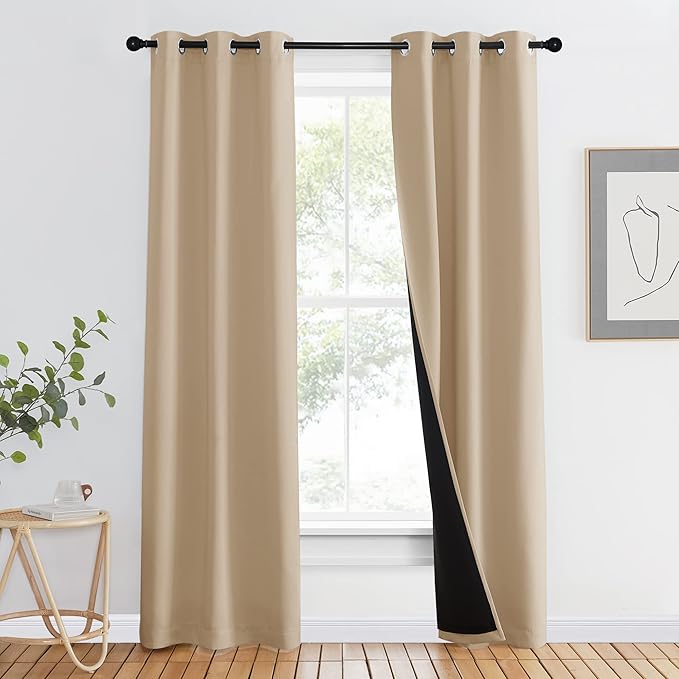 NICETOWN Living Room Completely Shaded Draperies, Privacy Protection & Noise Reducing Ring Top Drapes, Black Lined Insulated Window Treatment Curtain Panel (Biscotti Beige, 1 Piece, W37 x L84)