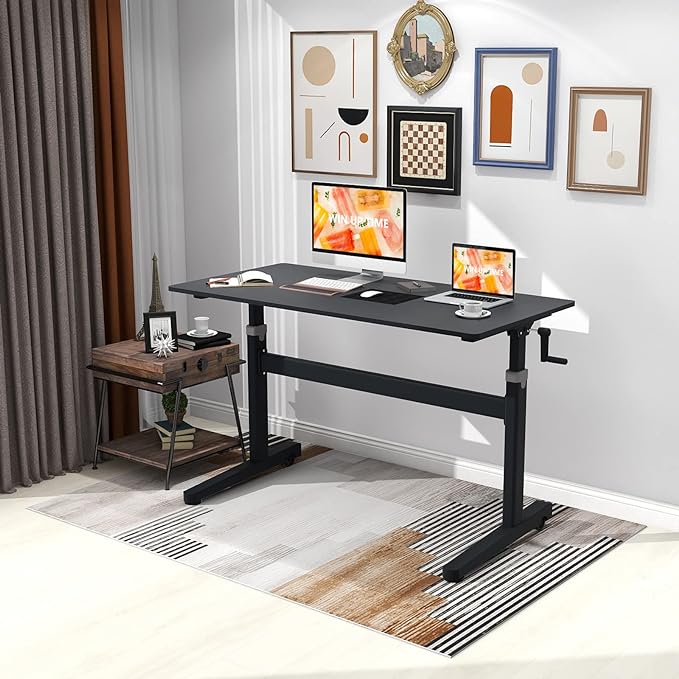 Manual Standing Desk Adjustable Height- Crank Mobile Standing Desk 48 x 24 Inches Sit Stand Desk Frame & Top, Stand Up Desk on Wheels, Computer Desk Black Frame & Black