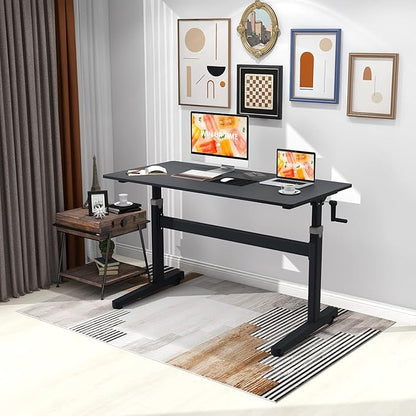 Manual Standing Desk Adjustable Height- Crank Mobile Standing Desk 55 x 24 Inches Sit Stand Desk Frame & Top, Stand Up Desk on Wheels, Computer Desk Black Frame & Black