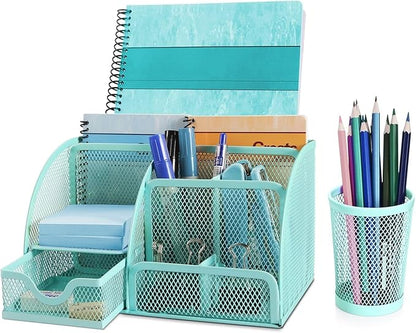 Flexzion Desk Top Caddy Organizer - Green Office Desk Accessories Organizer and Storage - Metal Mesh Desk with 6 Compartments, Drawer and Pen Holder