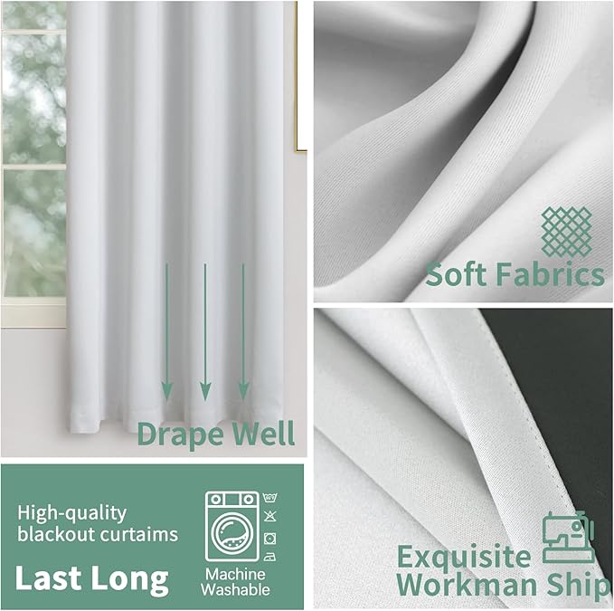 Greyish White Blackout Curtains 72 Inch Length 2 Panels for Bedroom Room, 100% Light Blocking Thermal Insulated Soundproof Grommet Middle Length Window Curtains for Darkening Each 52 Inch Wide