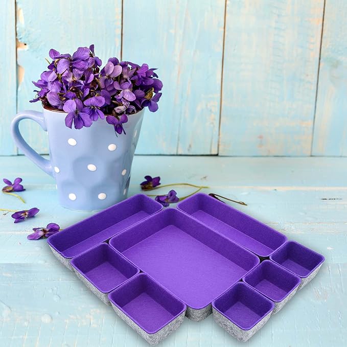 Welaxy desk drawer organizers tray dividers small shallow felt storage box sturdy soft bin for office suppliers entryway catchall key holder makeup crafts pens decluttering 8-piece (Purple)