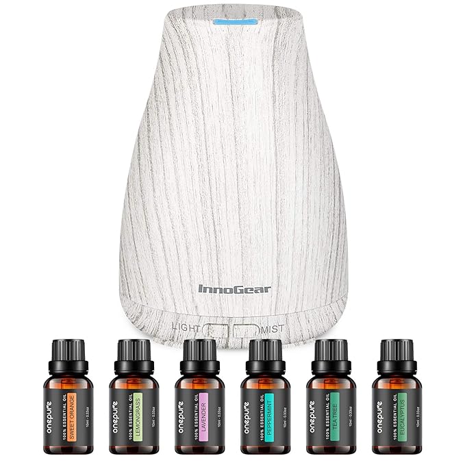 InnoGear Essential Oil Diffuser with Oils, 100ml Aromatherapy Diffuser with 6 Essential Oils Set, Aroma Cool Mist Humidifier Gift Set, Grey Wood Grain