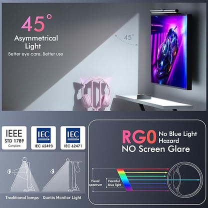 Quntis RGB Pro+ Monitor Light Bar with Remote, 15 Modes Gaming Backlight, 4 Colors & Brightness Dimmable Fronlight, 20" Ra95 Eye-Care USB Reading Monitor Lamp, No Glare, Upgraded Clip for All Monitor