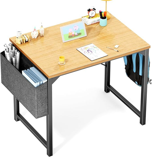 OLIXIS Small Computer Desk 32 Inch Home Office Work Study Writing Student Kids Bedroom Wood Modern Simple Table with Storage Bag & Headphone Hooks - Nature