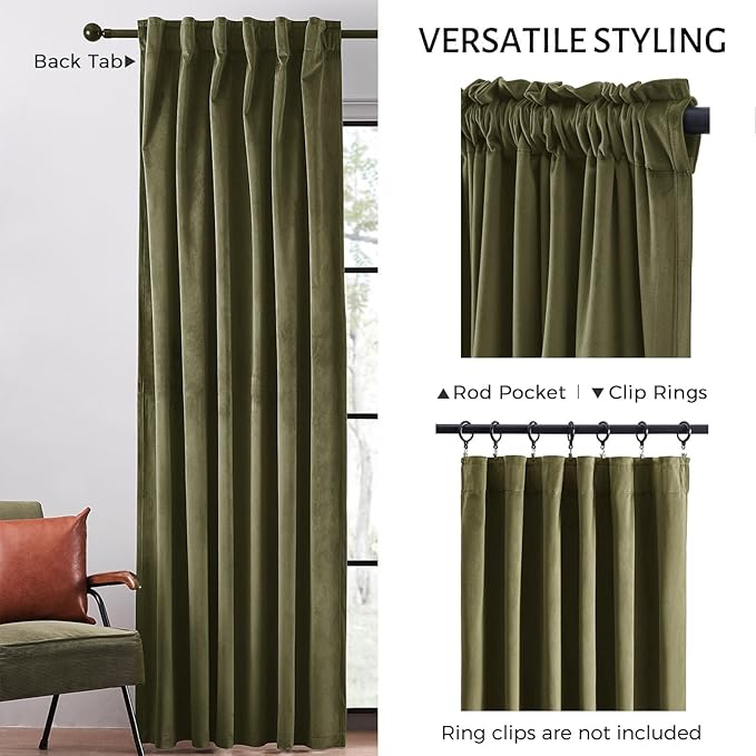 Topfinel Olive Green Velvet Curtains 84 Inches Long for Living Room,Blackout Thermal Insulated Curtains for Bedroom,Back Tab Modern Window Treatment for Living Room,52x84 Inch Length,Olive Green