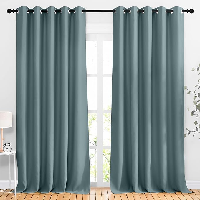 NICETOWN Greyish Blue Room Darkening Curtains 90 inch Length - Grommet Thermal Blackout Window Treatments Sound Proof Room Divider Drapes for Bedroom/Living Room (2 Panels, W66 x L90)