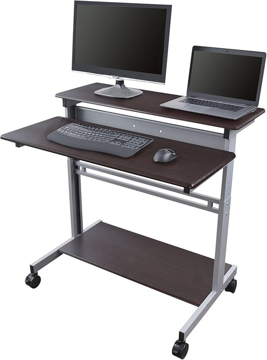 Stand Up Desk Store Rolling Adjustable Height Two Tier Standing Desk Computer Workstation (Silver Frame/Dark Walnut Top, 40" Wide)