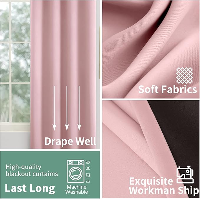 Baby Pink Blackout Curtains for Girls Bedroom 45 Inch Length 2 Panels Set, Thermal Insulated 100% Light Blocking Soundproof Grommet Window Curtains for Nursery with Liner, Each 42 Inch Wide