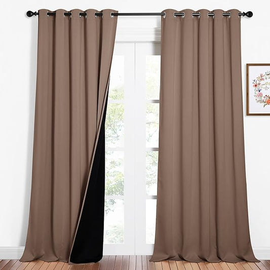 NICETOWN Warm Curtains for Winter, Complete Blackout Shades for Large Window Door, 100% Blackout Curtain Panels with Black Lined, 62 inches Width Each Panel, 95 inches Length, Cappuccino, 2 Pieces