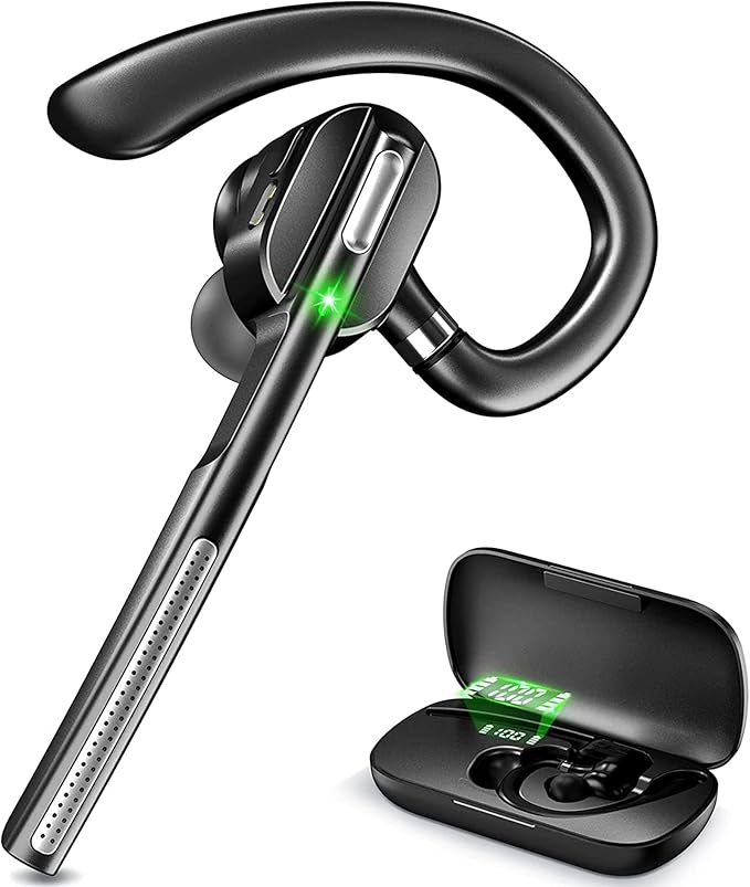 Bluetooth Headset V5.1, Wireless Headset with Battery Display Charging Case, Bluetooth Earpiece with Noise Canceling Mic for Driving, Office, Business, Compatible with Cell Phone and PC