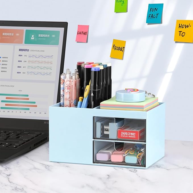 LETURE Office Desk Organizer with drawer, Office Supplies and Desk Accessories, Business Card/Pen/Pencil/Mobile Phone/Stationery Holder Storage Box (Blue)