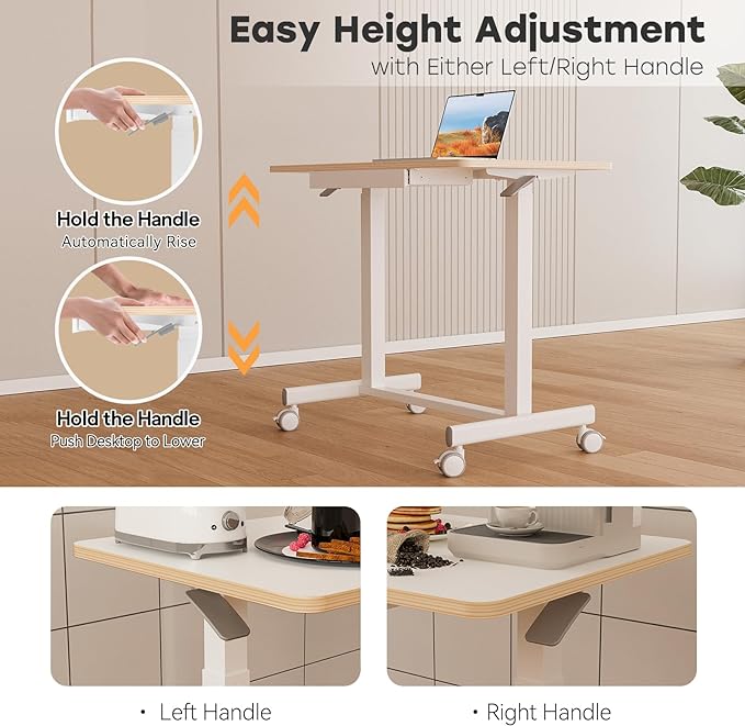 JOY worker Mobile Standing Desk, 35In Small Standing Desk with Drawer, Pneumatic Height Adjustable Rolling Desk Holds Up to 33lbs, White Mobile Laptop Desk with Dual Handles & Columns