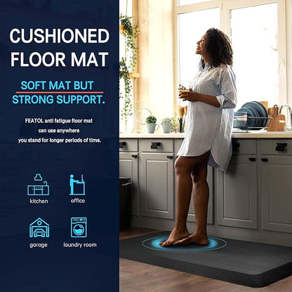 Anti Fatigue Mat Kitchen Floor Mat, FEATOL Standing Desk Mat Foam Cushioned Anti Fatigue Mats Comfort Standing Pad 9/10 Inch Thick (Black, 20x59x9/10-Inch)