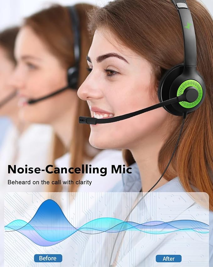 USB Headset with Mic for PC, On-Ear Computer Laptop Headphones with Noise Cancelling Microphone in-line Control for Home Office Online Class Skype Zoom (USB+3.5mm, Green)