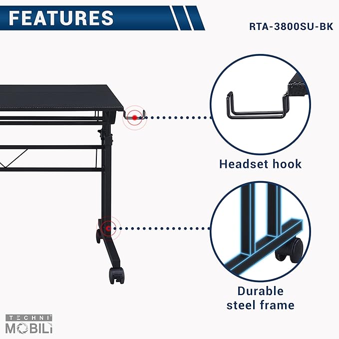 Techni Mobili Rolling Writing Desk with Height Adjustable Desktop and Moveable Shelf