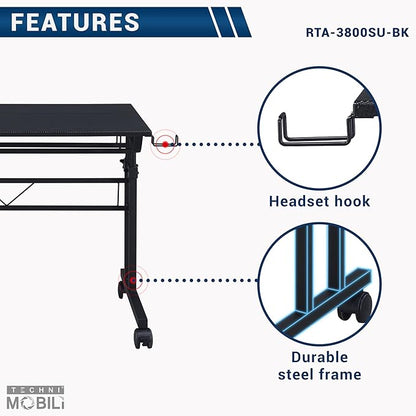 Techni Mobili Rolling Writing Desk with Height Adjustable Desktop and Moveable Shelf