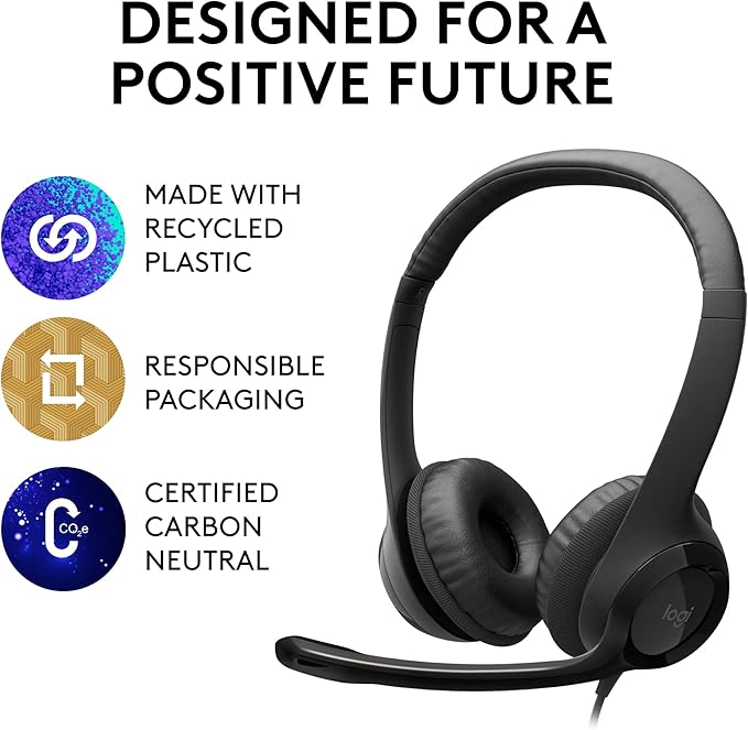 Logitech H390 Wired Headset for PC/Laptop, Stereo Headphones with Noise Cancelling Microphone, USB-A, in-Line Controls for Video Meetings, Music, Gaming and Beyond - Black